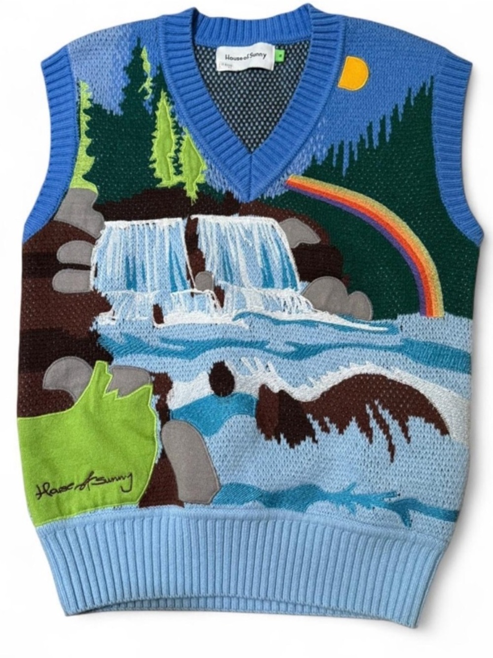 House of Sunny Blue Scenic Waterfall Knit Vest with Rainbow